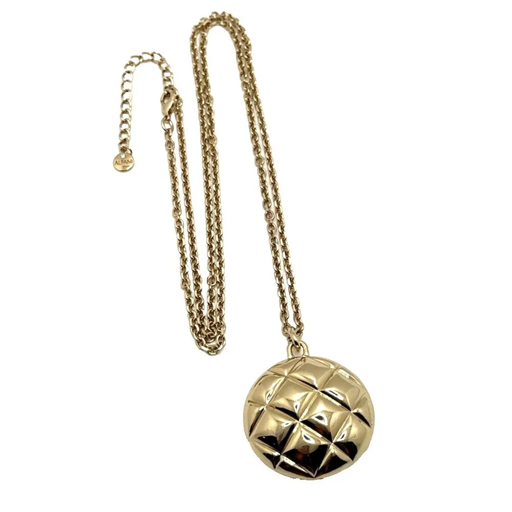 ALFANI Quilted Puffy Pendant Necklace Gold Tone Textured Round Statement 34